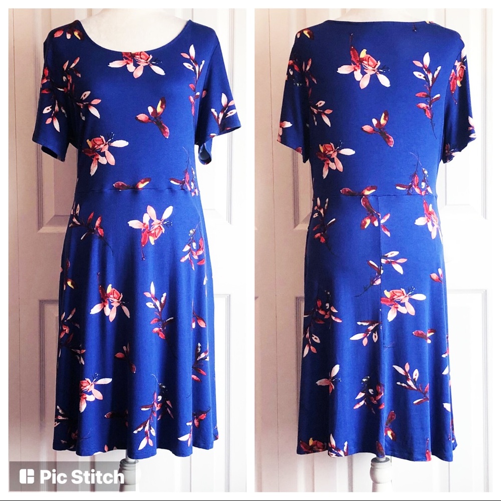 Evri Royal Blue Floral Print Comfy Stretch Knit Midi Dress w/ Pockets 0X